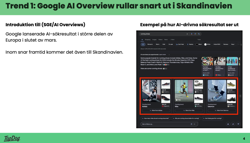 Sökuresultatet i Google med SGE - Google AI Overview.