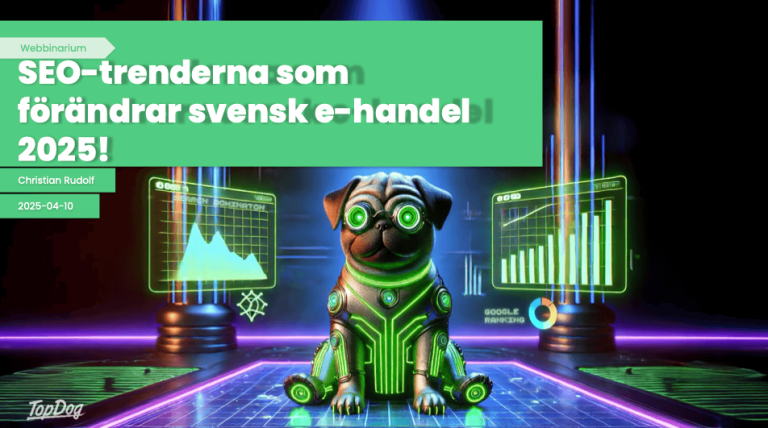 SEO-trenderna som förändrar e-handel 2025 - startsida från Topdogs webbinarium.