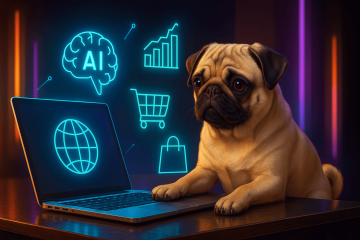 Mops som sitter vid en dator för att använda AI till att skapa innehåll till sin e-handel för att effektivisera sin SEO.