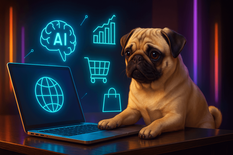 Mops som sitter vid en dator för att använda AI till att skapa innehåll till sin e-handel för att effektivisera sin SEO.