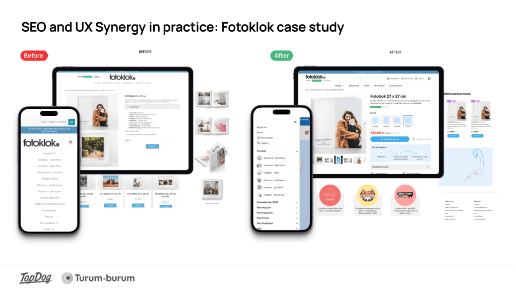Före- och efterbilder av en sajt som förbättrats med en synergi av SEO och UX.