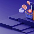 3D-illustration med e-handelsikoner: shoppingväska, grafer, procentsymbol och målikon på lila bakgrund
