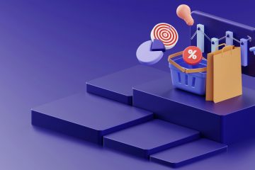 3D-illustration med e-handelsikoner: shoppingväska, grafer, procentsymbol och målikon på lila bakgrund