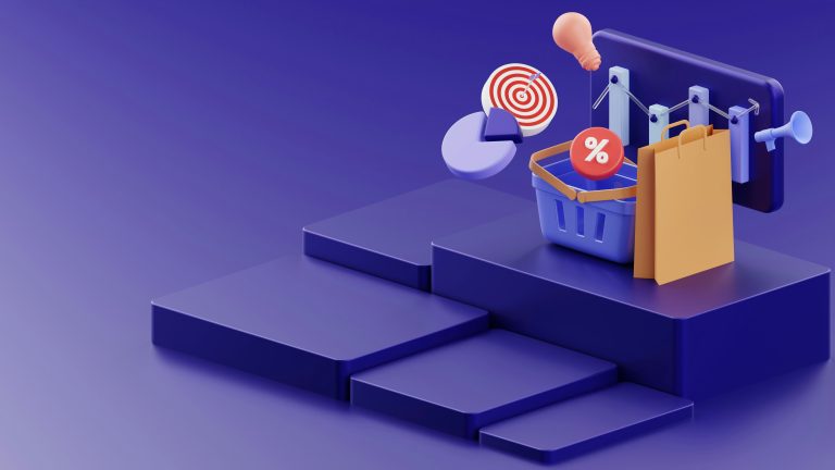 3D-illustration med e-handelsikoner: shoppingväska, grafer, procentsymbol och målikon på lila bakgrund