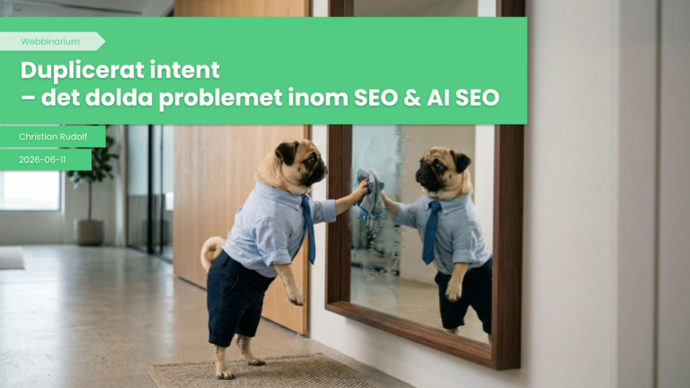 Förstasidan från Topdogs presentation om hur duplicerat intent är det största problemet inom SEO och AIO 2026.
