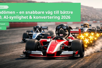 Förstasidan från presentation av webbinariet Omdömen – en snabbare väg till bättre SEO, AI-synlighet & konvertering 2026