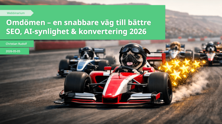 Förstasidan från presentation av webbinariet Omdömen – en snabbare väg till bättre SEO, AI-synlighet & konvertering 2026
