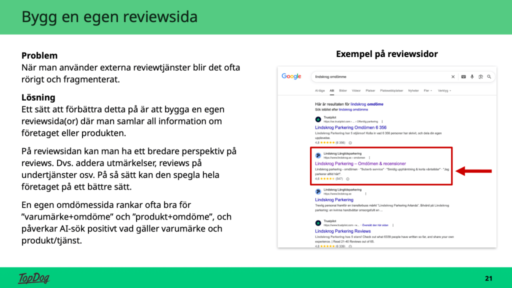 Exempel på en lyckad reviewsida, det vill säga en sida med omdömen och recensioner, som rankar i Google.
