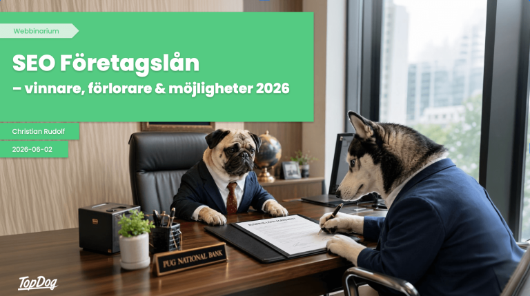Framsidan till Topdogs presentation: SEO företagslån: vinnare, förlorare och möjligheter 2026.