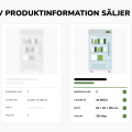 Två produktkort för en kyl med glasdörr sida vid sida, det ena med tomma fält och frågetecken, det andra med energiklass, ljudnivå, mått och volym ifyllda.