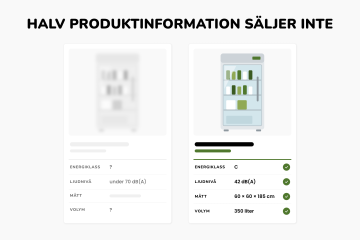 Två produktkort för en kyl med glasdörr sida vid sida, det ena med tomma fält och frågetecken, det andra med energiklass, ljudnivå, mått och volym ifyllda.